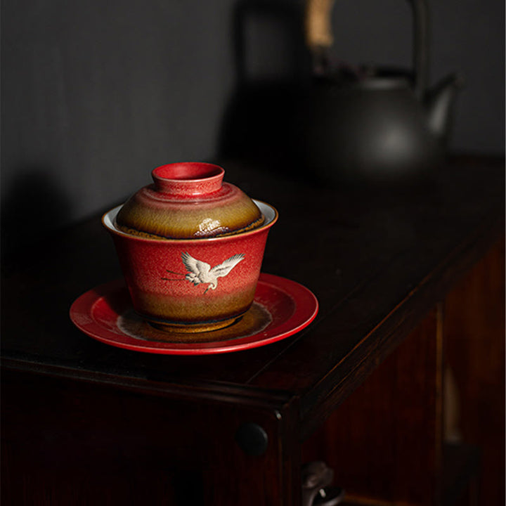 Buddha Stones, roter verheißungsvoller Kranich, Keramik, Gaiwan-Sancai-Teetasse, Kung-Fu-Teetasse und Untertasse mit Deckel