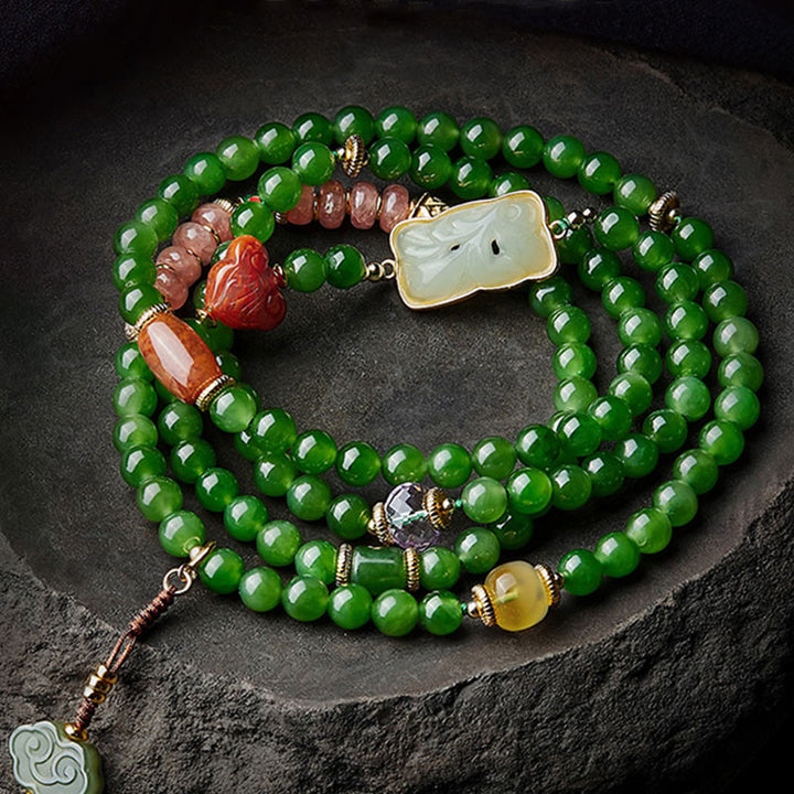 Buddha Stones 108 Mala Perlen Cyan Jade Roter Achat Lachender Buddha Glücksarmband