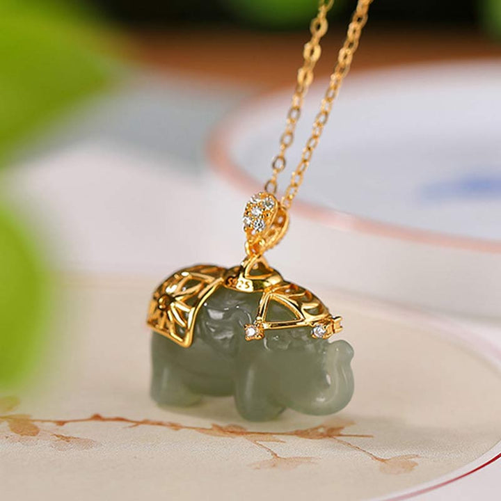 Buddha Stones 925 Sterling Silber Jade Elefant Segen Glück Halskette Kettenanhänger