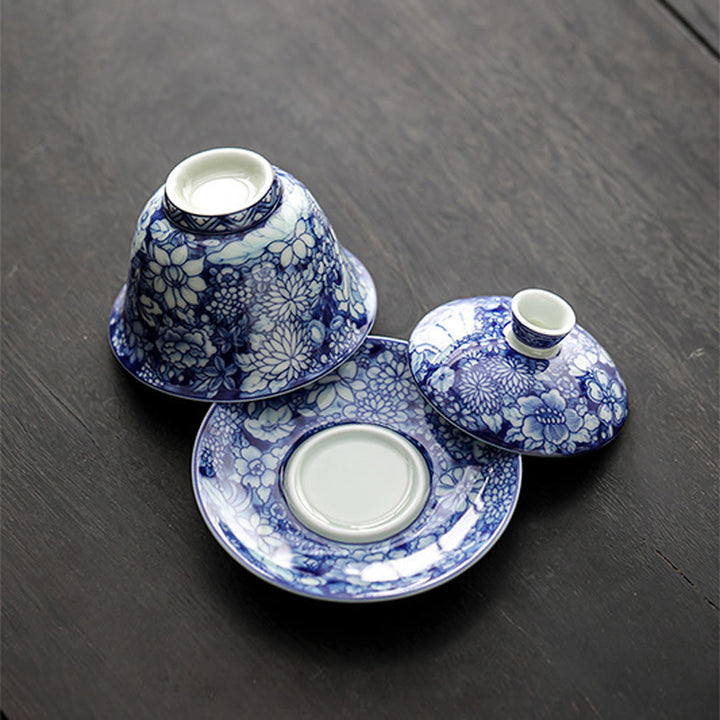 Buddha Stones Vintage blaue und Weiß Porzellan-Keramik-Gaiwan-Sancai-Teetasse Kung-Fu-Teetasse und Untertasse mit Deckel
