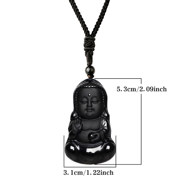 Buddha Stones, natürlicher schwarzer Obsidian-Kristall, Buddha-Stärke, Schutz, Amulett, Glücksbringer-Anhänger-Halskette