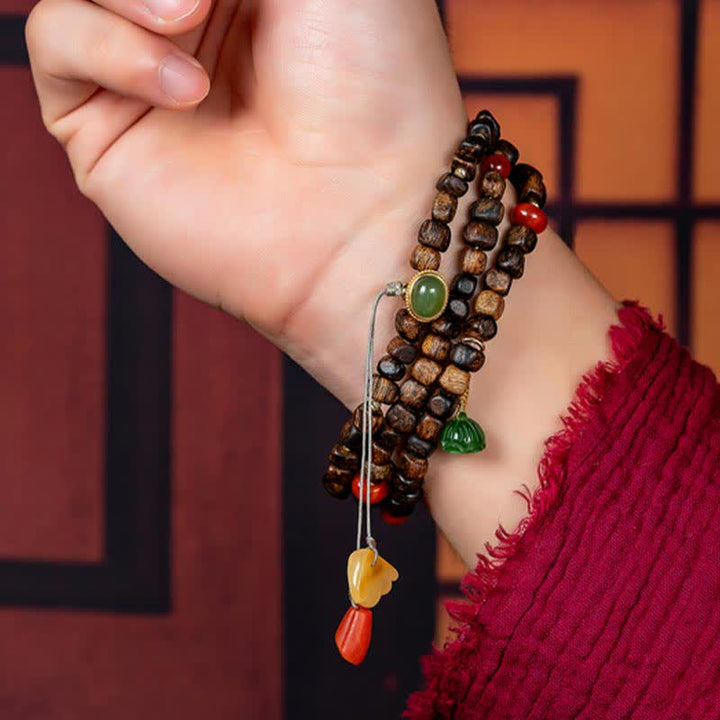 Buddha Stones 108 Mala Perlen 925 Sterling Silber Brunei Agarwood Red Achat PiXiu Hetian Jade Peace Strength Armband