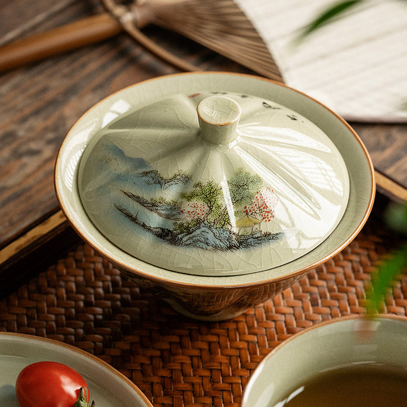 Buddha Stones Kiefer Berg Wald Landschaft Keramik Gaiwan Sancai Teetasse Kung Fu Teetasse und Untertasse mit Deckel