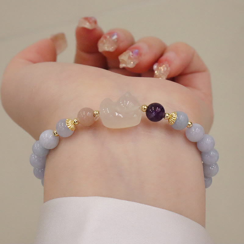 Buddha Stones Natürliches Aquamarin-Chalcedon-Charm-Armband „Serenity Rabbit Gourd Cat“.