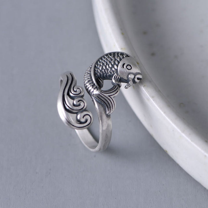 Buddha Stones 925 Sterling Silber Koi Fisch Wasser Welligkeit Glück Reichtum Ring