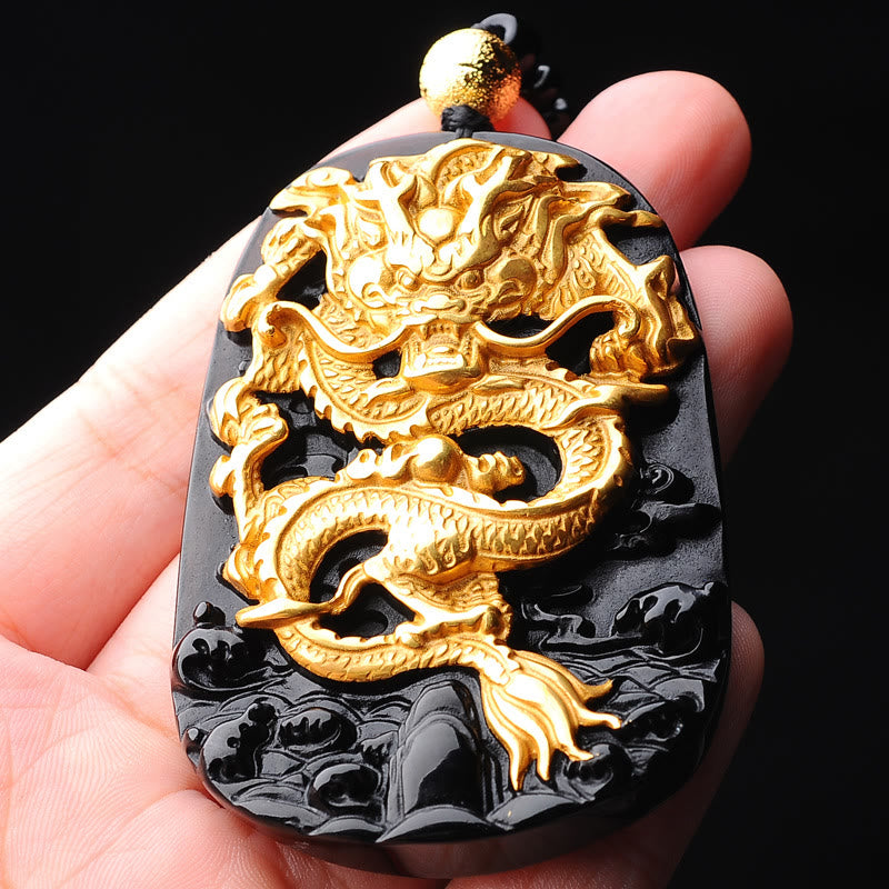 Buddha Stones 18 Karat vergoldete Drachen-Obsidian-Glücksanhänger-Halskette