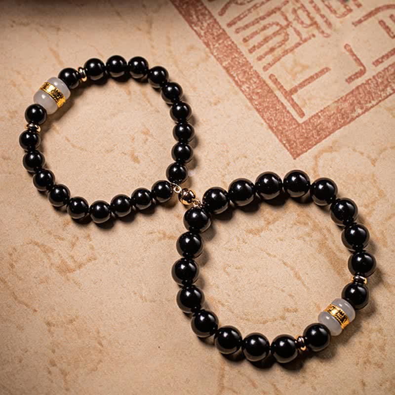 Buddha Stones Schwarzer Obsidian Jade Om Mani Padme Hum Stärke Paar Magnetarmband