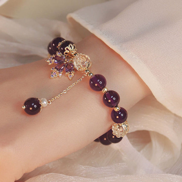 Buddha Stones 14 Karat vergoldetes natürliches Amethyst-Heilungs-Ahornblatt-Charm-Armband