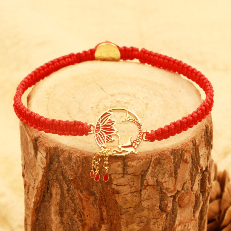 Buddha Stones Tibetisches handgefertigtes Lotus-Koi-Fisch-Glücksarmband mit roter Schnur