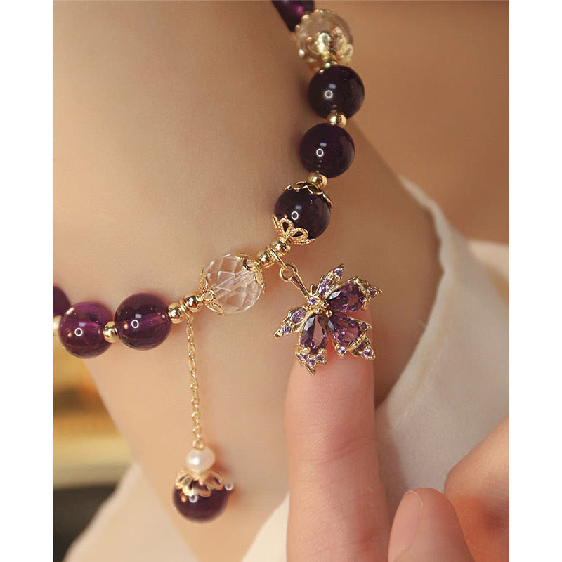 Buddha Stones 14 Karat vergoldetes natürliches Amethyst-Heilungs-Ahornblatt-Charm-Armband