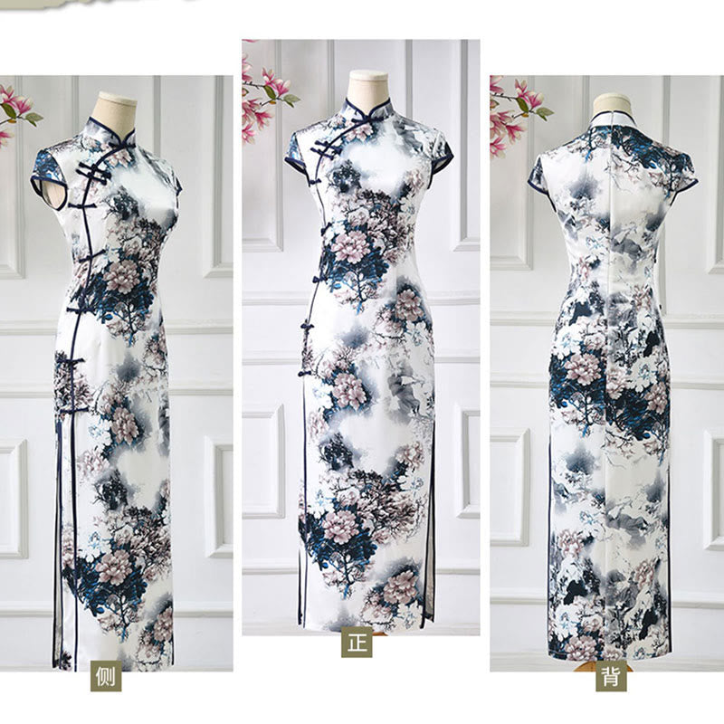 Buddha Stones Elegantes Pfingstrosen-Blumenmuster Cheongsam-Kleid Damen Qipao-Kleid