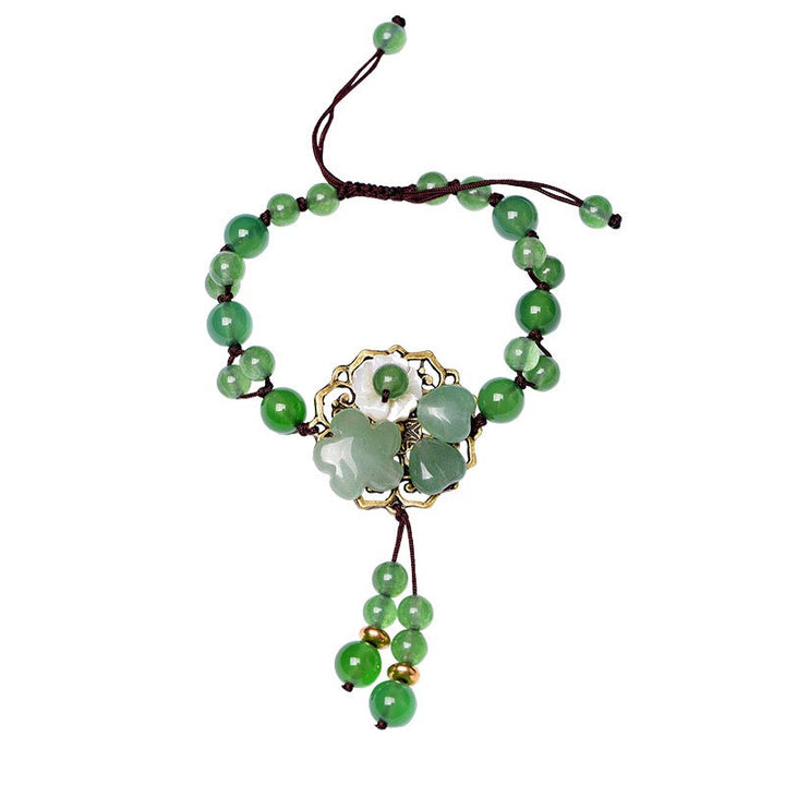 Buddha Stones natürliches grünes Jade-Glücks-Armband mit baumelnder Blume