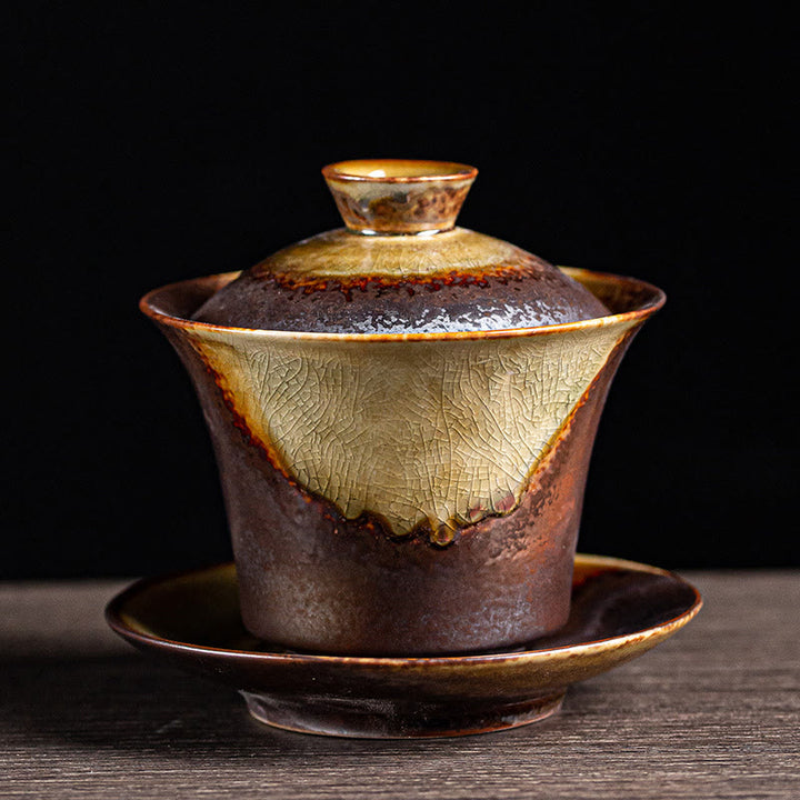 Buddha Stones Vintage Brown Kiln Change Design Porzellan Keramik Gaiwan Sancai Teetasse Kung Fu Teetasse und Untertasse mit Deckel