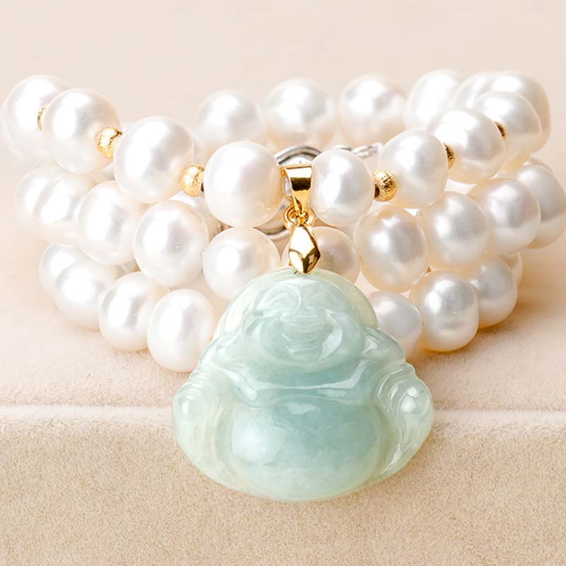 Buddha Stones, lachender Buddha, Jade-Perlen-Wohlstands-Halskette, Anhänger, Armband, Ohrringe
