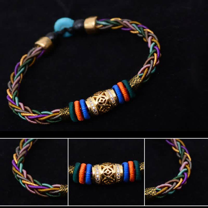 Buddha Stones, tibetisches handgefertigtes Acht-Faden-Knoten-Kupfer-Münzen-Glücks-Gewebe-Schnur-Armband