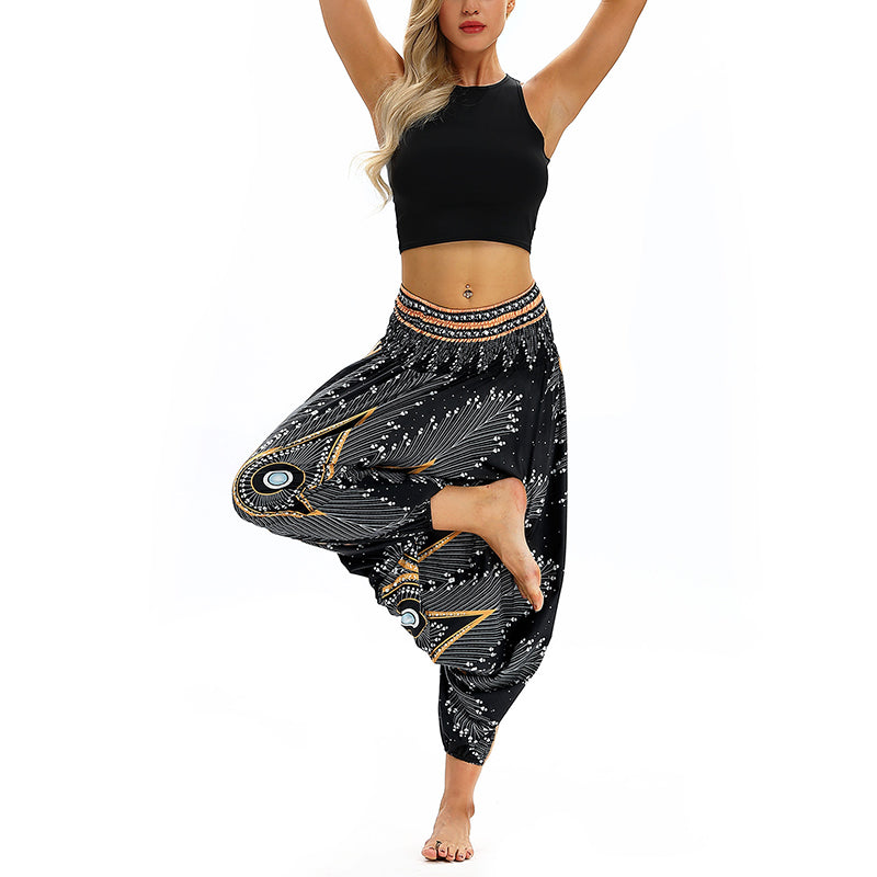 Buddha Stones Boho Feder Yogahose Hippie Haremshose Sport Fitness Tanz Damenhose