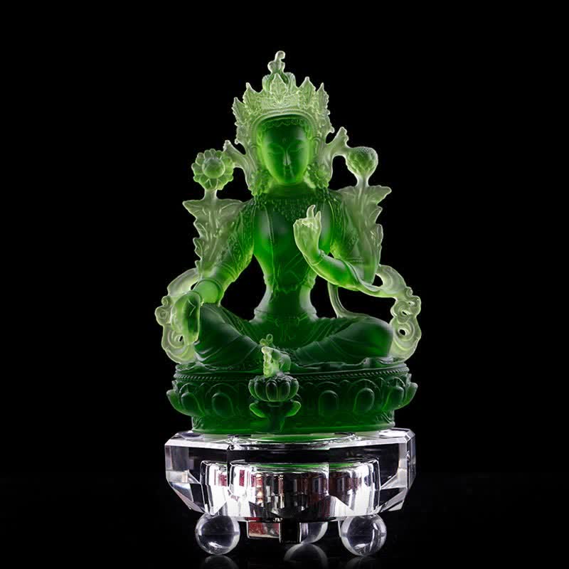 Bodhisattva Grüne Tara, handgefertigt, Liuli-Kristall, Kunststück, Schutz, Heimbüro, Statue, Dekoration
