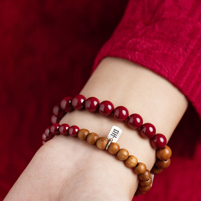 Buddha Stones Armband aus 925er-Sterlingsilber, Pfirsichholz, Zinnober, zur Abwehr böser Geister