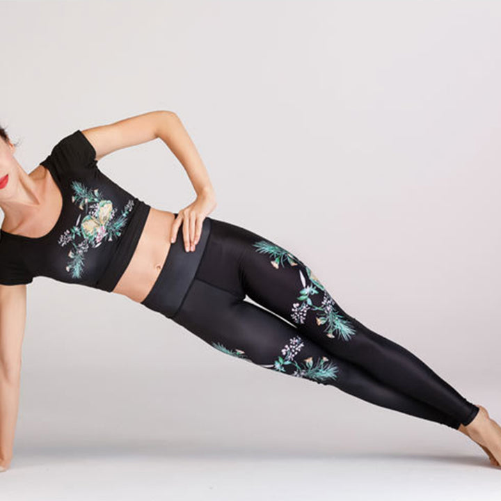 Buddha Stones 2 Stück Lotus Phoenix Frühlingsblumen Pfau Top Hosen Sport Fitness Yoga Damen Yoga Sets