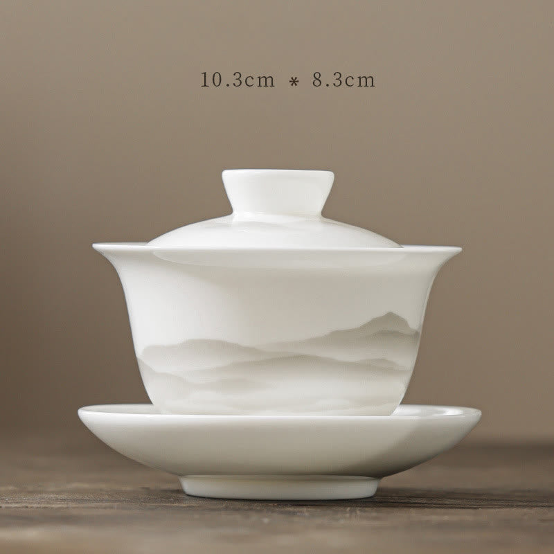 Buddha Stones, Vintage-Tuschemalerei, Berg , Weiß Porzellan, Keramik, Gaiwan, Sancai, Teetasse, Kung-Fu-Teetasse und Untertasse mit Deckel, Teeutensilien-Teekanne