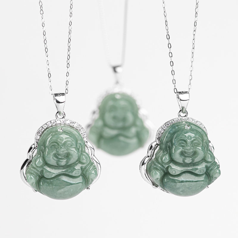 Buddha Stones 925 Sterling Silber Lachender Buddha Jade Fülle Halskette Kettenanhänger