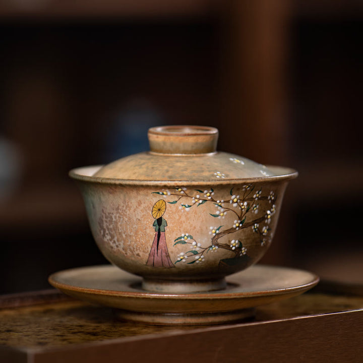 Buddha Stones, Jingdezhen, handbemalt, Ru-Ofen-Porzellan, Hanfu-Mädchen, Blume, Keramik, Gaiwan, Sancai, Teetasse, Kung-Fu-Teetasse und Untertasse mit Deckel