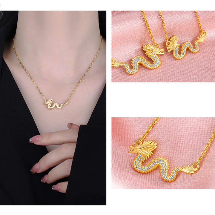 Buddha Stones 925 Sterling Silber Jahr des Drachen verheißungsvoller goldener Drache Glücksketten-Halskettenanhänger