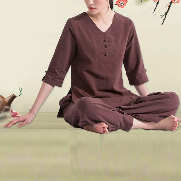Buddha Stones Yoga Meditation Gebet V-Ausschnitt Design Baumwolle Leinen Kleidung Uniform Zen Praxis Damen Set