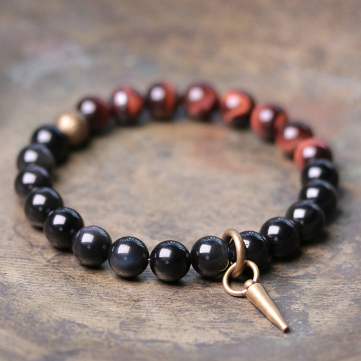 Buddha Stones Schwarzes Obsidian-Sodalith-Kristall-Kupfer-Stärke-Paar-Armband