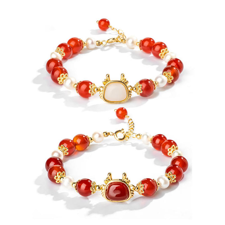 Buddha Stones 14K vergoldetes Jahr des Drachen natürliches rotes Achat-Perlenschutz-Fu-Charakter-Kettenarmband