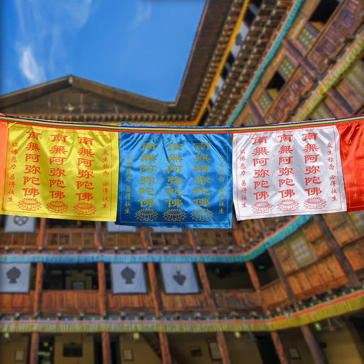 Tibetische 7 Farben Windpferd Buchstabe Auspicious Lotus Outdoor 21 Stück Gebetsfahne