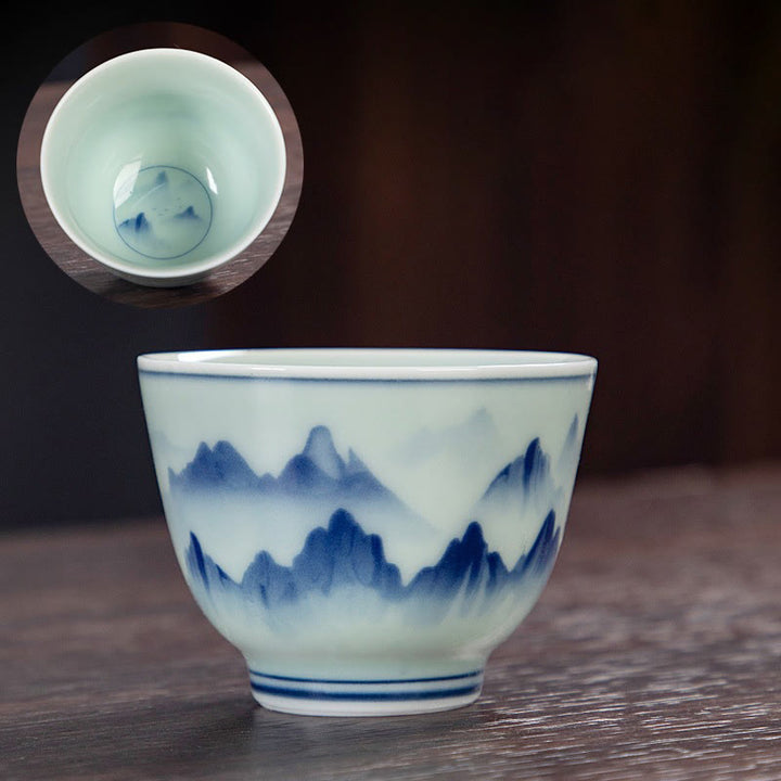 Buddha Stones, blaue Landschaft, Berge, Lotus, niedliche Katzenpavillons, Magnolien, Schilfreiher, Keramik-Teetasse, kleine Kung-Fu-Teetasse