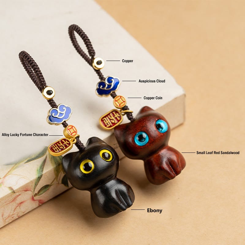 Buddha Stones, kleines Blatt, rotes Sandelholz, Ebenholz, glückliche Katze, Schutz, Schlüsselanhänger, Handy-Hängedekoration