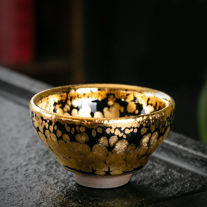 Buddha Stones, 24 Karat Gold, Punktmuster, chinesische Jianzhan-Keramik-Teetasse, Kung-Fu-Teetasse, Schüssel mit Geschenkbox