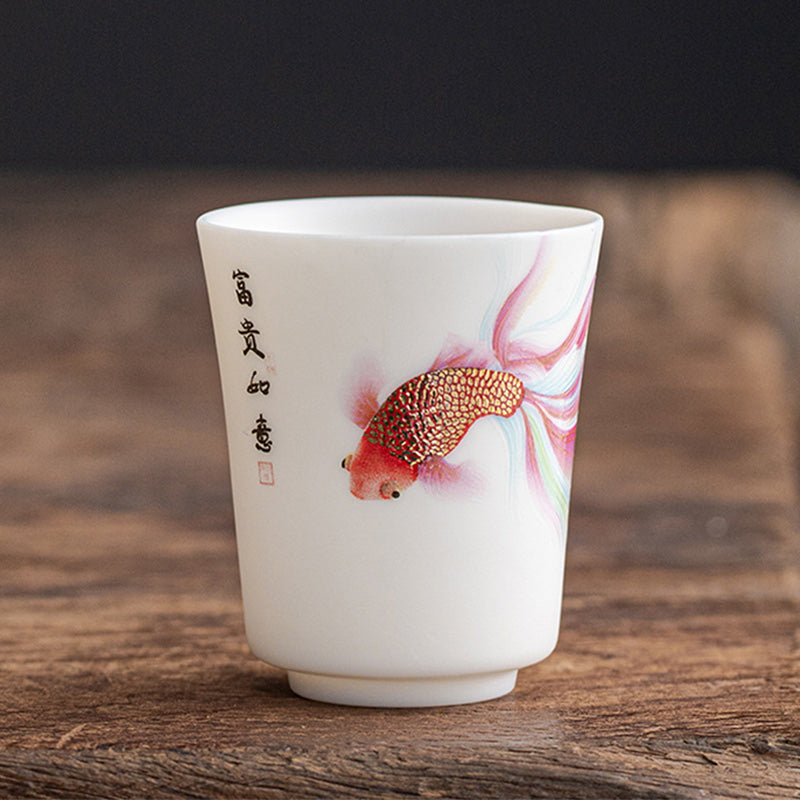 Buddha Stones Koi Fisch Weiß Porzellan-Keramik-Teetasse Kung-Fu-Teetasse