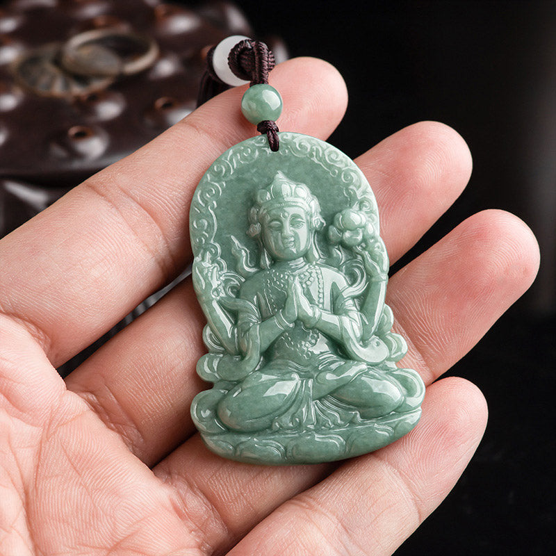 Vierarmige Avalokitesvara-Amulett-Segen-Halskette aus natürlicher Jade