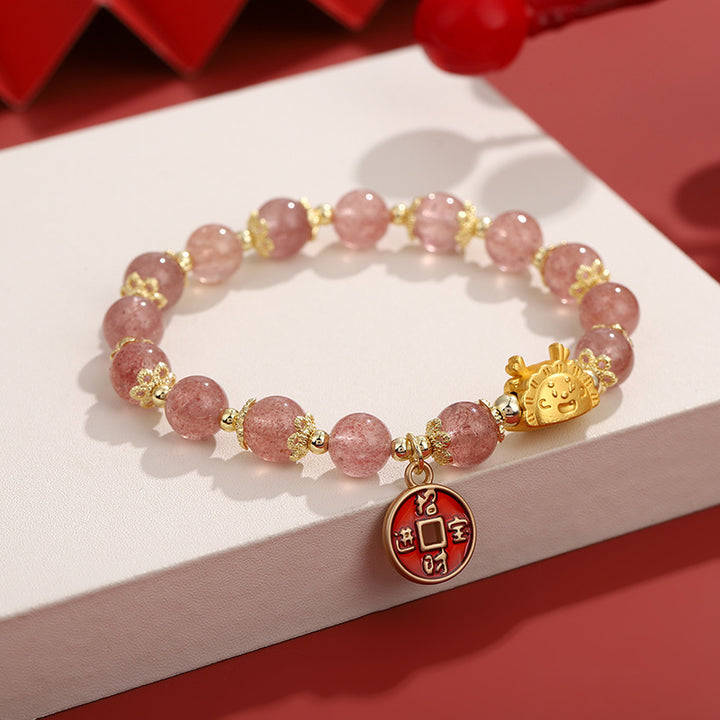 Buddha Stones, Jahr des Drachen, Erdbeer-Quarz-Kupfermünze, ziehen Reichtum an, Charm-Armband