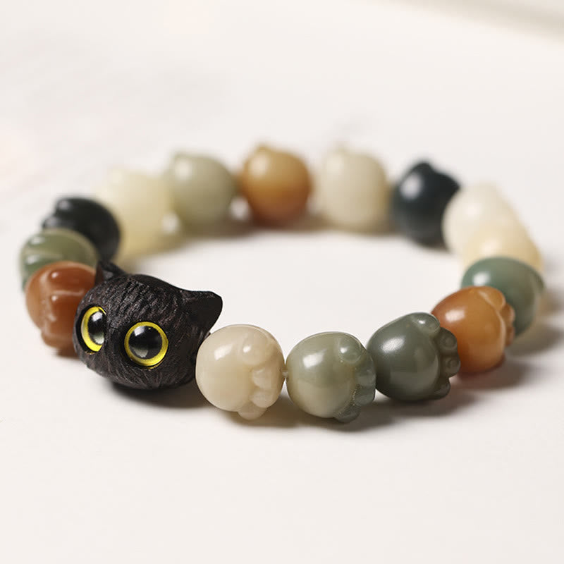 Armband mit Buddha Stonesn, natürlichem Bodhi-Samen, schöne Pfote, Ebenholz, glückliche Katze, Weisheit