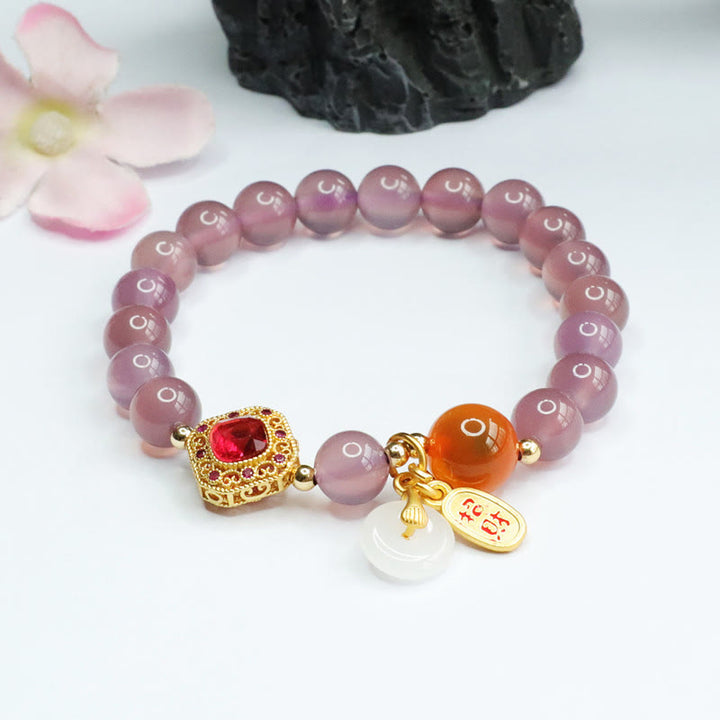 Charm-Armband mit Buddha Stonesn, natürlichem violettem Chalcedon, Bonbon-Achat, Friedensschnalle, Harmonie, Glück, Glück