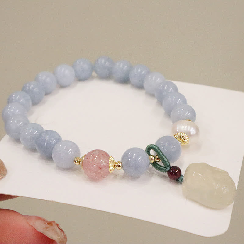 Buddha Stones Natürliches Aquamarin-Chalcedon-Charm-Armband „Serenity Rabbit Gourd Cat“.