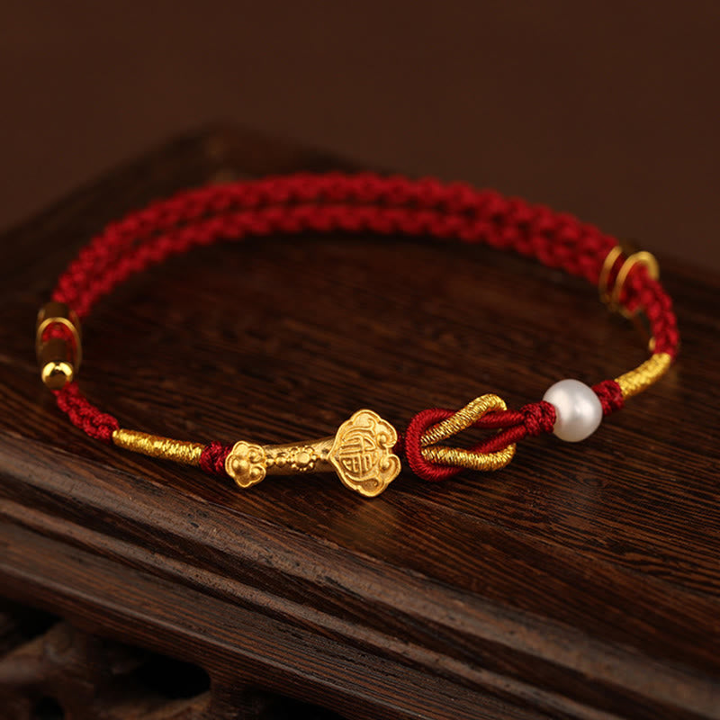 Buddha Stones 24K Gold Wish Ruyi Handle Fu Charakter Kaninchen Perle Glück geflochtenes Armband