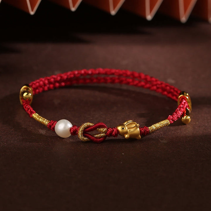 Buddha Stones 24K Gold Wish Ruyi Handle Fu Charakter Kaninchen Perle Glück geflochtenes Armband