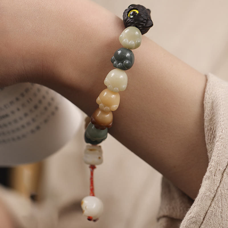 Armband mit Buddha Stonesn, natürlichem Bodhi-Samen, schöne Pfote, Ebenholz, glückliche Katze, Weisheit