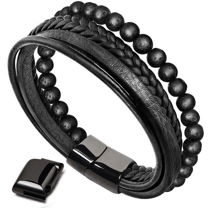 Buddha Stones, natürliches Lavagestein, schwarzes Onyx-Perlen-Lederarmband