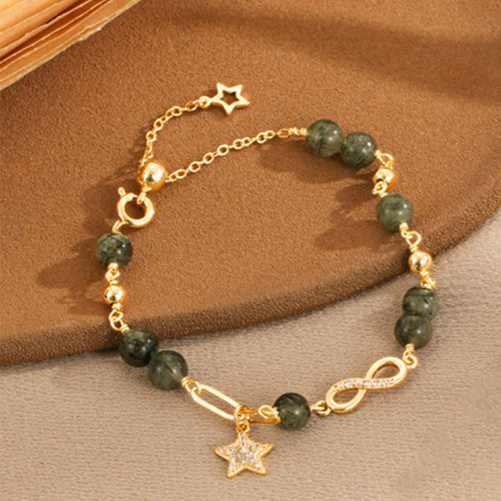 Buddha Stones 14K Gold Grüner Rutilquarz Möbius Loop Eternal Love Star Schutzarmband