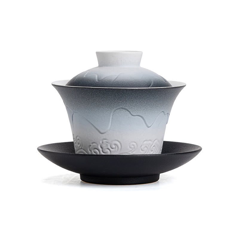 Buddha Stones Retro Blue Ocean Sea Waves Farbverlauf Keramik Gaiwan Sancai Teetasse Kung Fu Teetasse und Untertasse mit Deckel