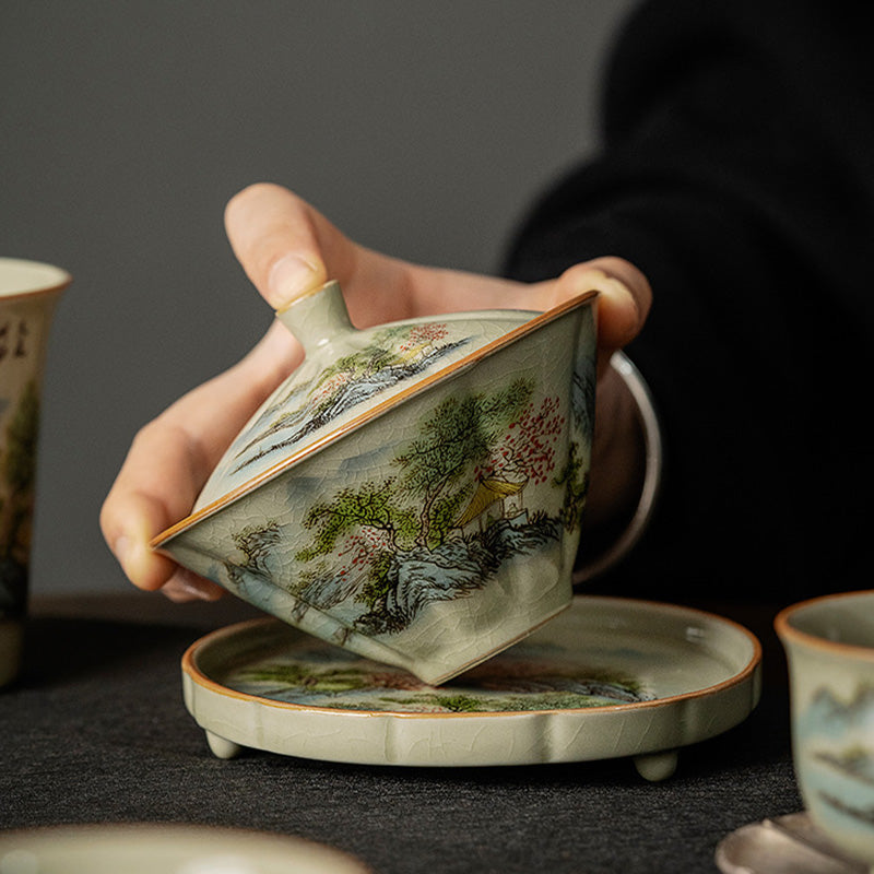 Buddha Stones Kiefer Berg Wald Landschaft Keramik Gaiwan Sancai Teetasse Kung Fu Teetasse und Untertasse mit Deckel