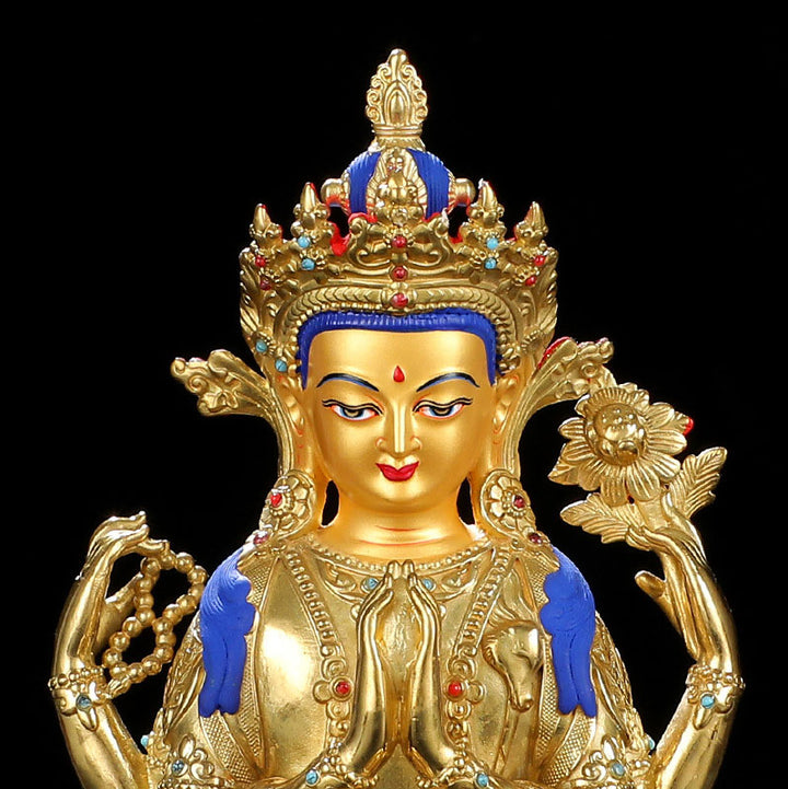 Chenrezig Vierarmige Avalokitesvara-Schutzstatue aus Kupfer, vergoldet, Dekoration