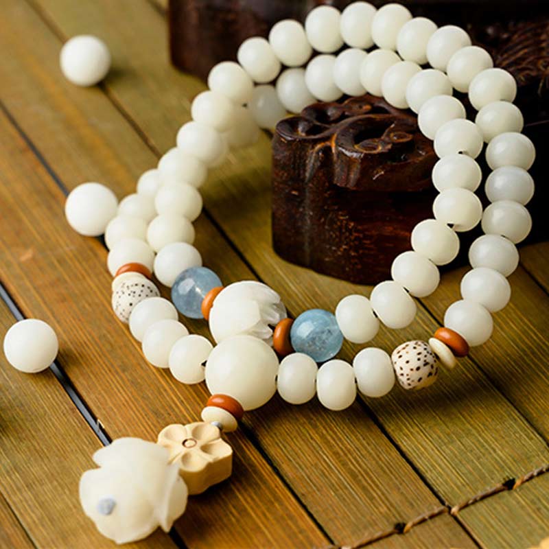 Buddha Stones tibetisches Weiß Jade-Bodhi-Lotus-Segen-Armband