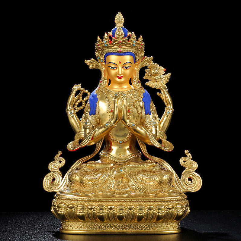 Chenrezig Vierarmige Avalokitesvara-Schutzstatue aus Kupfer, vergoldet, Dekoration